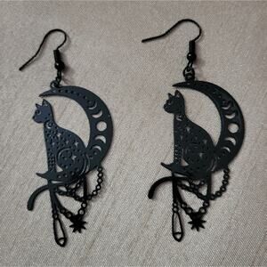 Black cat sitting on the moon witchy gothic earrings